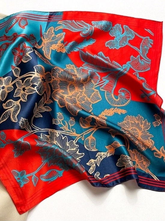 Accessories - Floral Satin Scarf in Red, Teal & Navy